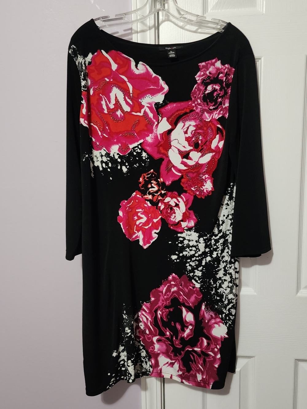Style & Co. Black Shift Dress with Pink Floral Print Large